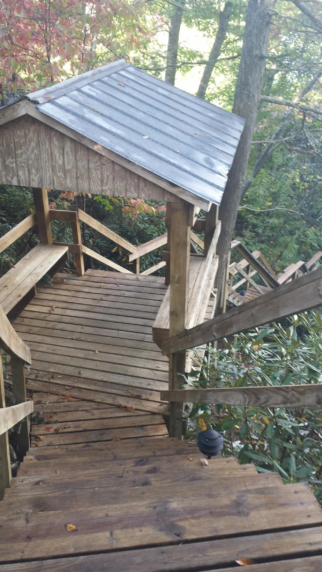 Metal roofed shelter over wooden steps on a wooded walkway — Skylight Repair & Installation work by our crew in Munfordville